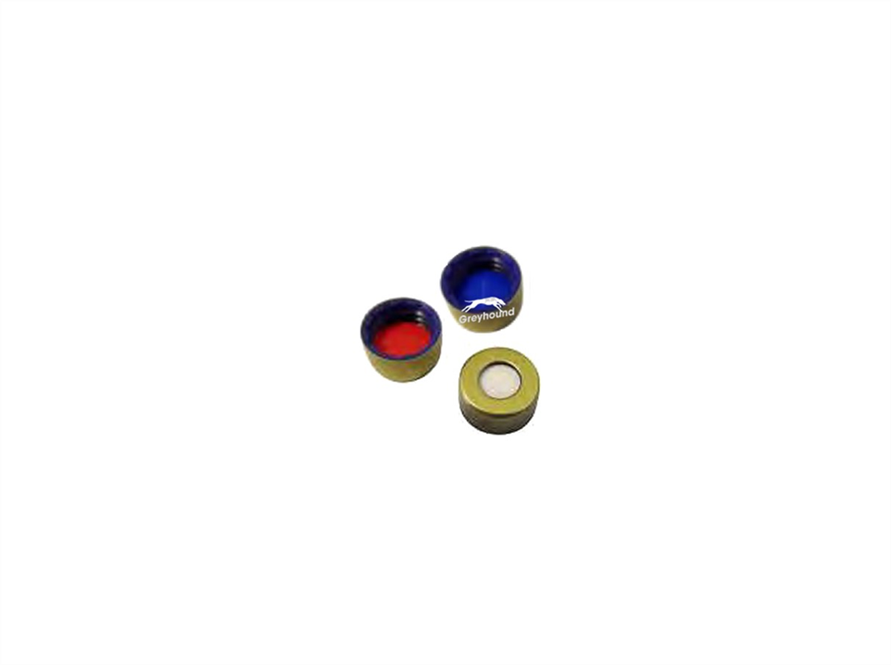Picture of 9mm Magnetic Open Top Screw Cap, Blue, with Gold Cover and Red PTFE/White Silicon Septa, 1mm, (Shore A 45)